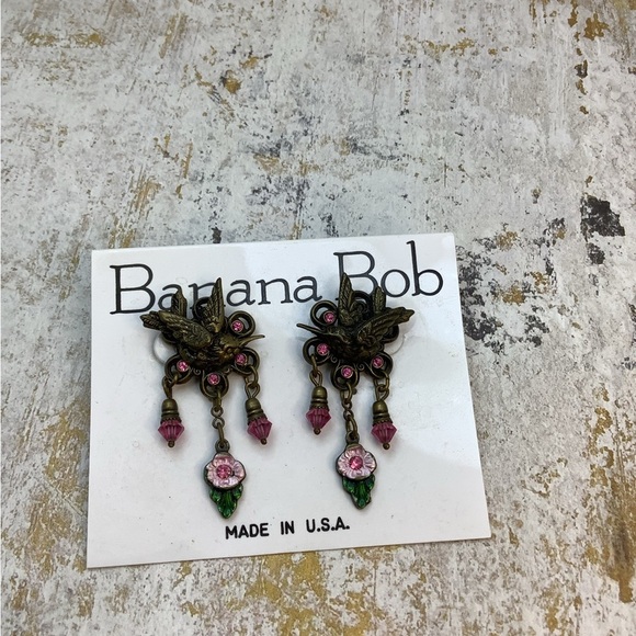 Banana Bob Pink and Gold Birds  Chandelier Earrings - Picture 2 of 5
